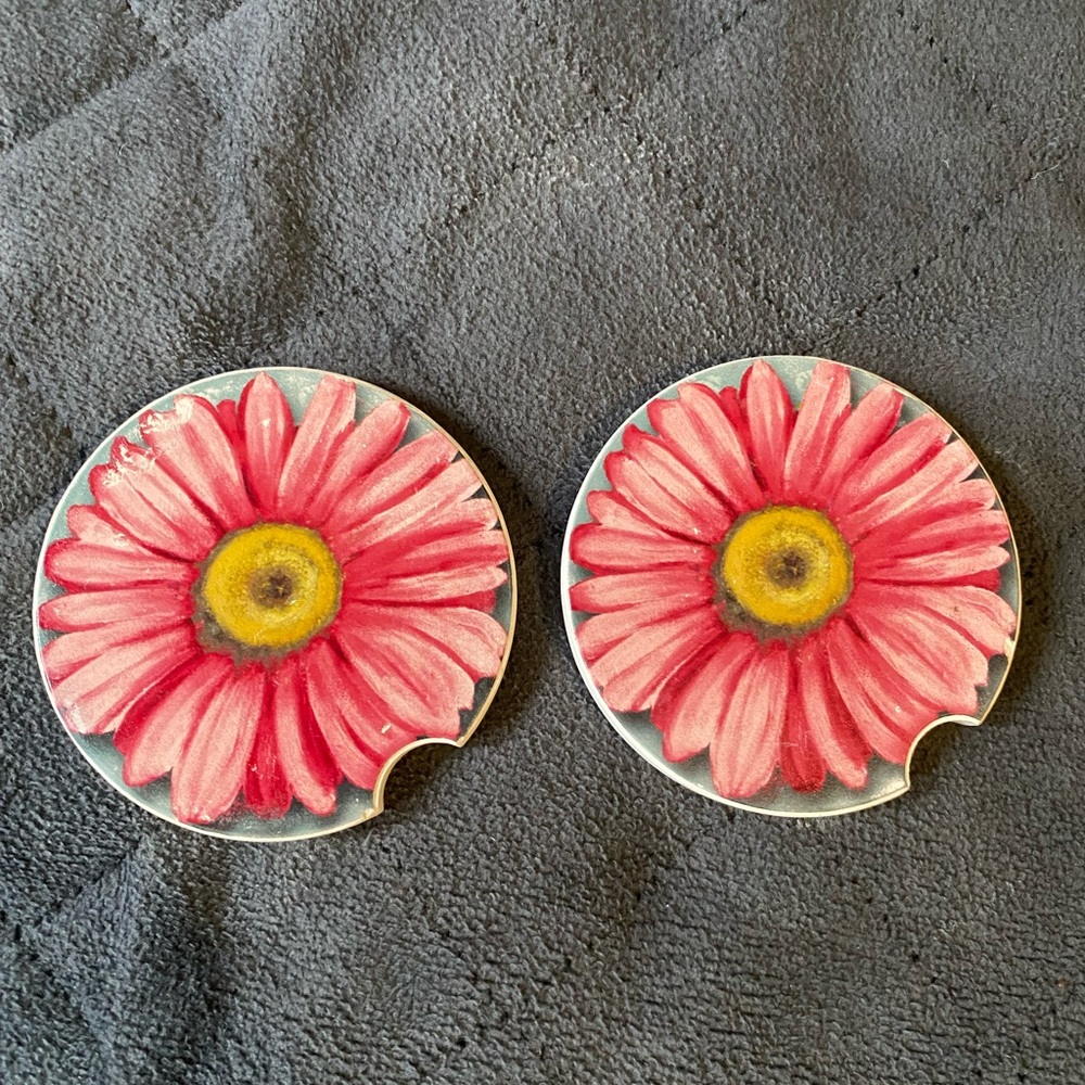 🆕Pink Daisy Absorbent Car Coasters 2 Pack, Auto Coasters for Cup Holders 🆕